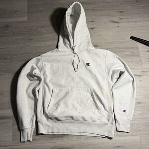 Champion Reverse Weave Hoodie Mens Medium Cream Small Logo Pullover Distressed